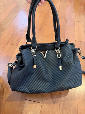 Black Pleated Quilted Satchel Handbag Gold Hardware